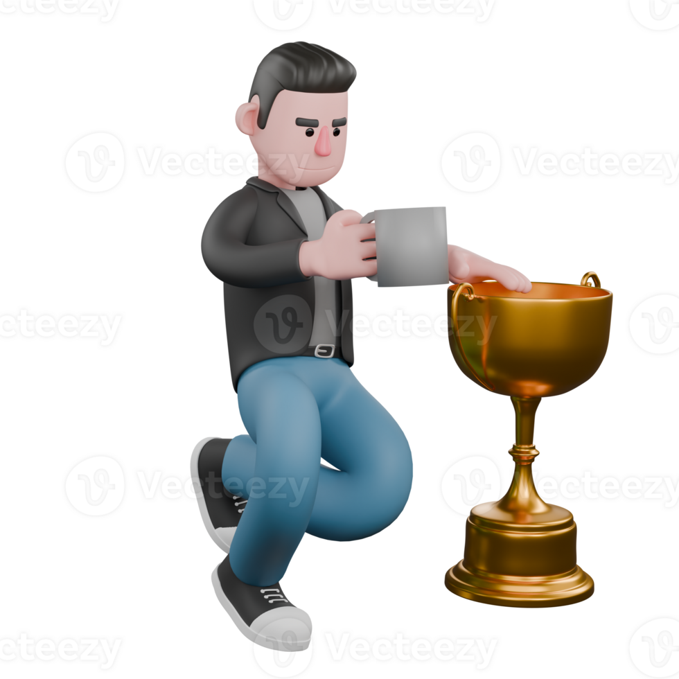 Professional Screenwriter Cartoon Design. A Male Screenwriter kneels beside a gold trophy with his right hand holding a cup of coffee and his left hand touching the trophy. Artistic Illustration png