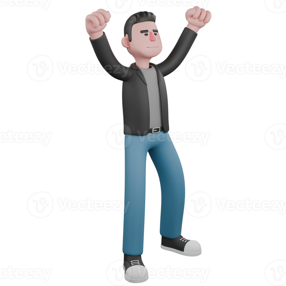 Creative 3D Model. A male screenwriter stands with both fists in the air, focused expression. Screenwriter Character png