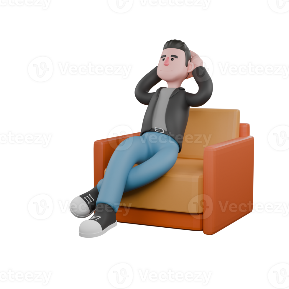 Professional Screenwriter Cartoon Design. A male screenwriter sits on a sofa with both hands behind his fist, relaxed expression. 3D Design png