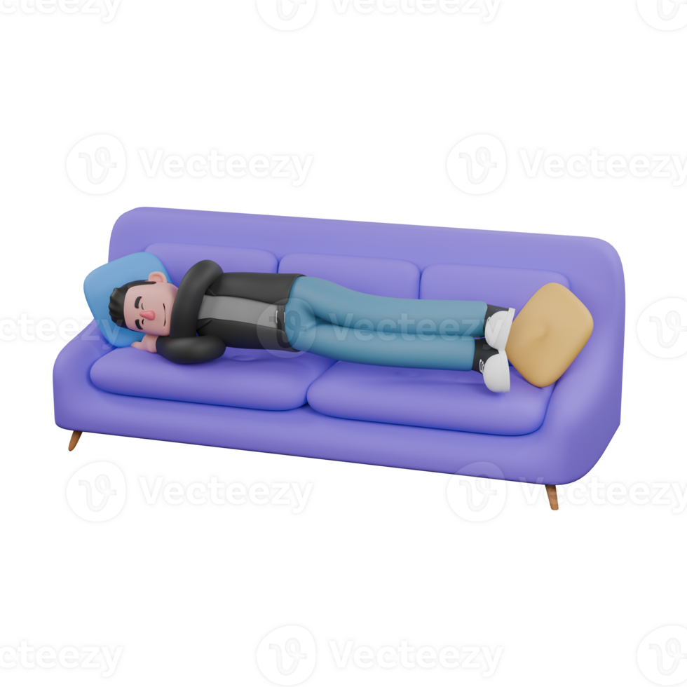 Cartoon-Style 3D Model. A Male Screenwriter lies on his side on a sofa with his hands under his cheeks, eyes closed, tired expression.Cartoon Screenwriter Illustration Design png