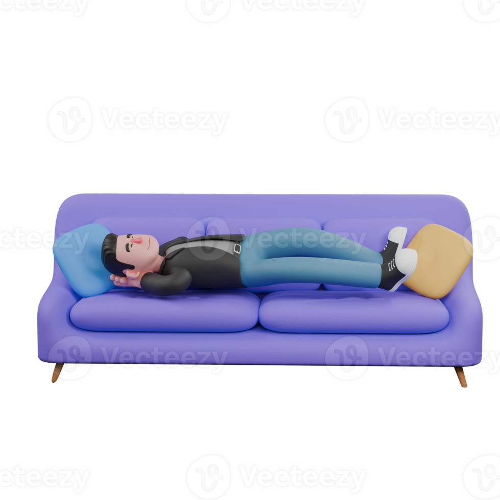 Cartoon-Style 3D Model. A Male Screenwriter lies on the sofa with his arms as a pillow under his head and his eyes closed. Cartoon Screenwriter Illustration Design png
