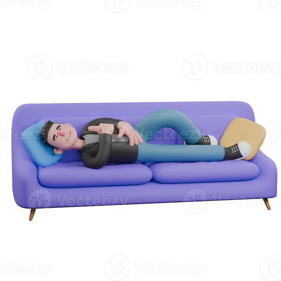 Cartoon-Style 3D Model. A Male Screenwriter lies on a sofa with his hands in front of his chest and stomach, eyes closed. Cartoon Screenwriter Illustration Design png