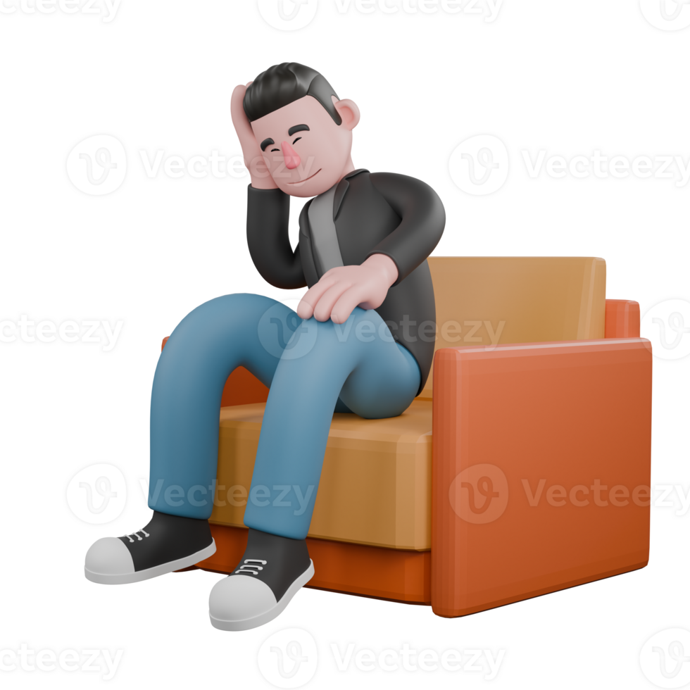 3D Screenwriter Character. A Male Screenwriter sits asleep on a sofa with his eyes closed, one hand supporting his head. png