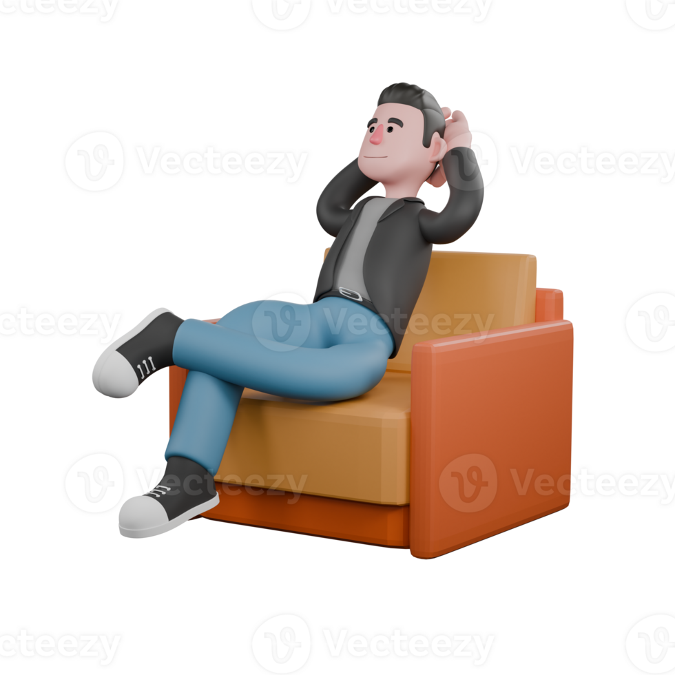 Creative 3D Model. A Male Screenwriter sits on a sofa with one leg bent over the other and both hands behind his head, relaxed expression. Screenwriter Character png