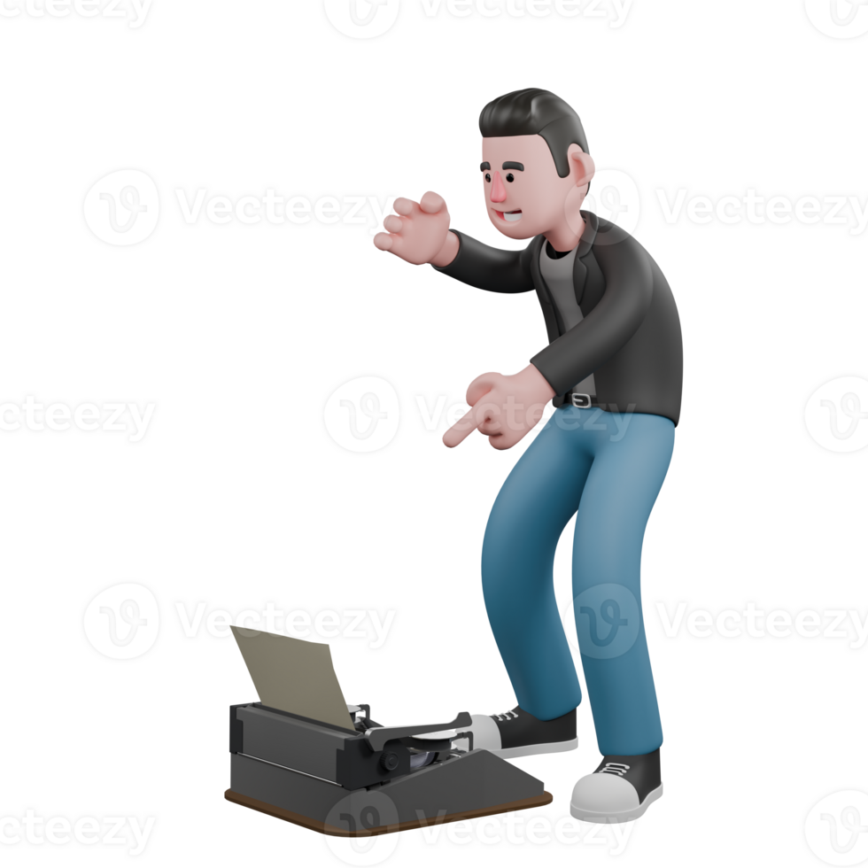 Cartoon-Style 3D Model. A Male Screenwriter stands slightly bent over with one hand pointing towards a typewriter, expression wide smiling. Cartoon Screenwriter Illustration Design png