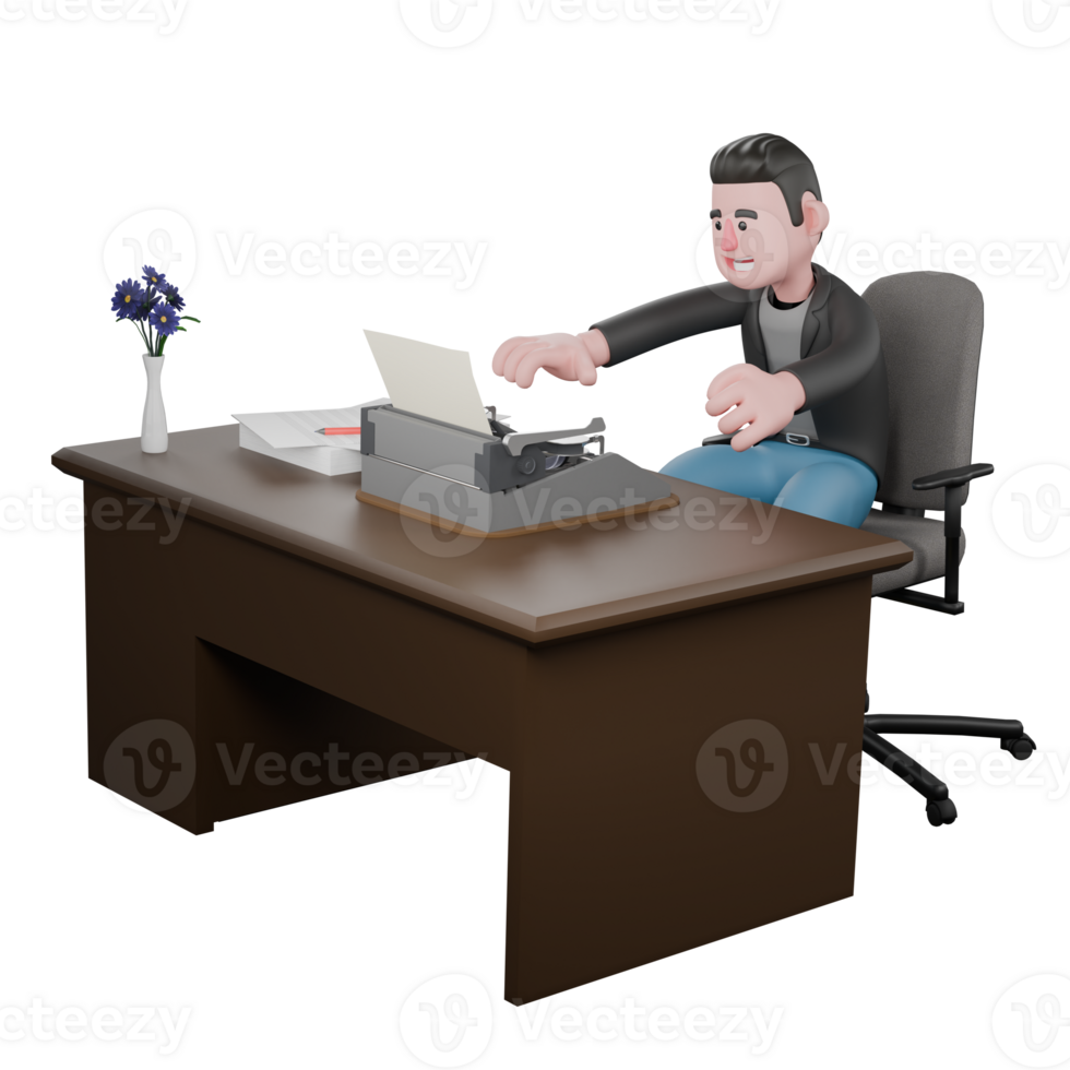 Professional Screenwriter Cartoon Design. A Male Screenwriter sits with both hands wanting to type on a typewriter, cheerful expression. 3D Artistic Model png
