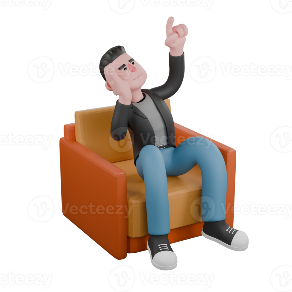 Cartoon Style 3D Model. A male screenwriter sits on a sofa with one hand on his cheek while the other hand points upwards. Cartoon Screenwriter Illustration Design png