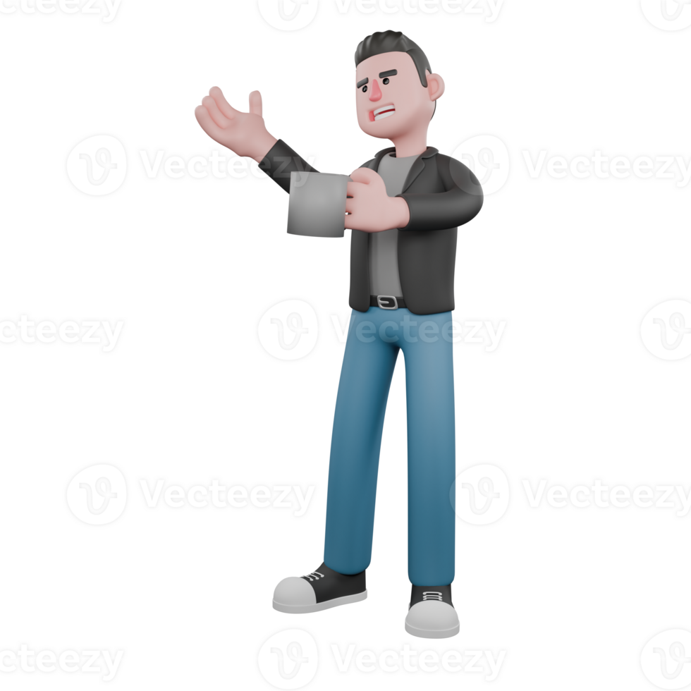 Professional Screenwriter Cartoon Design. A male screenwriter stands with his left hand holding a coffee cup and his right hand extended to the side. Model Design png