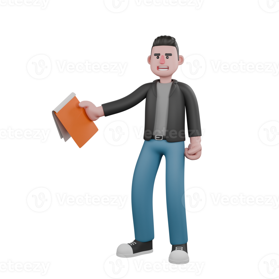 Cartoon-Style 3D Model. A male screenwriter stands holding a clipboard in his right hand, and his left hand is on his waist while clenching. Screenwriter Character png