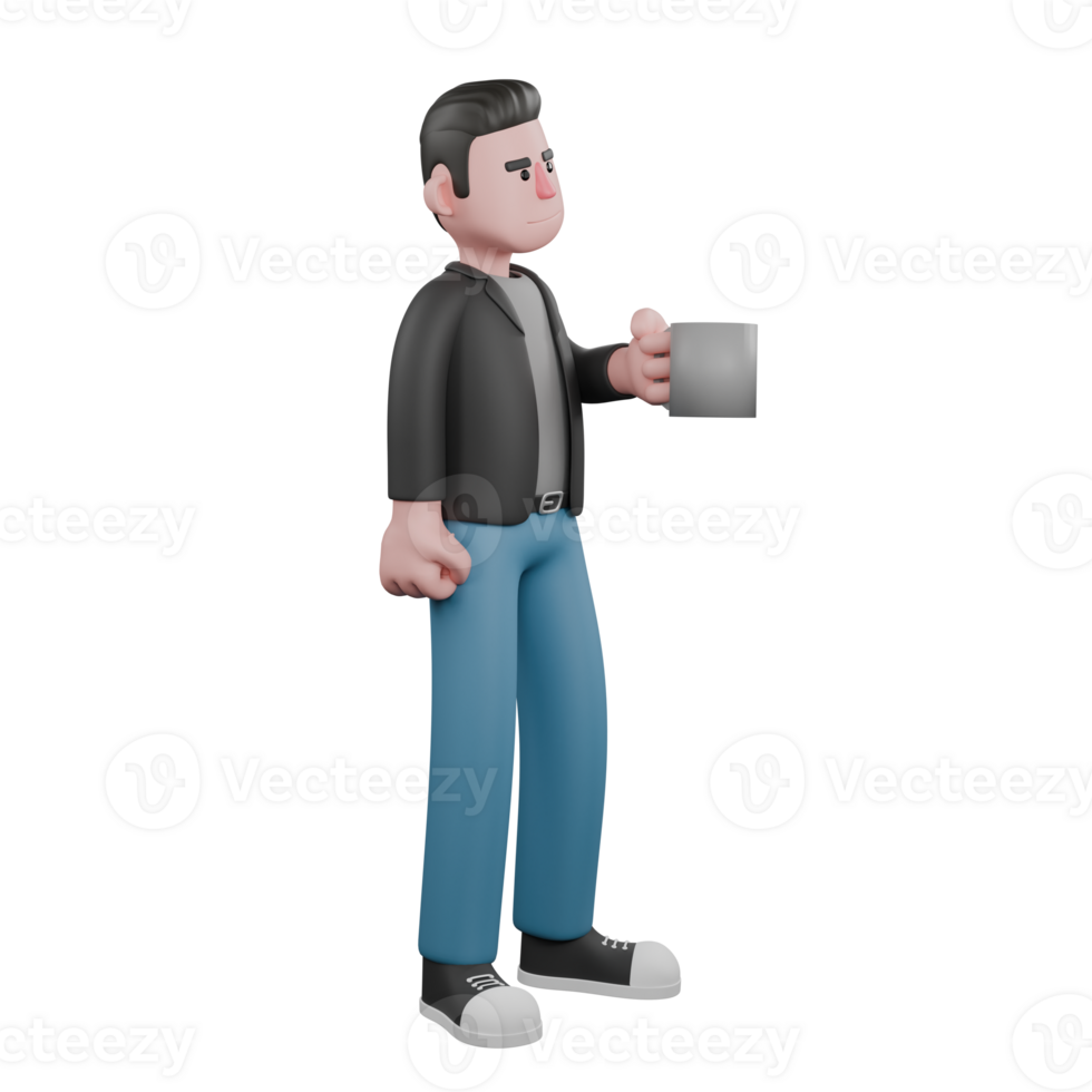 Cartoon 3D Artistic Model. A male screenwriter stands holding a cup in his left hand, and his right hand is on his waist while clenching. Cartoon Screenwriter Illustration Design png