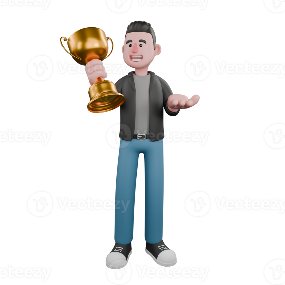 3D Screenwriter Cartoon Design. A male screenwriter stands with his right hand holding a trophy while his left hand is stretched forward, a happy and satisfied expression. Screenwriter Character png