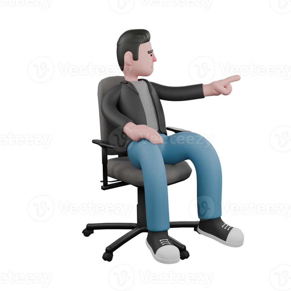 Cartoon-Style 3D Model. A male screenwriter sits on a chair with his left hand pointing forward while his right hand is on his thigh. Cartoon Screenwriter Illustration Design png