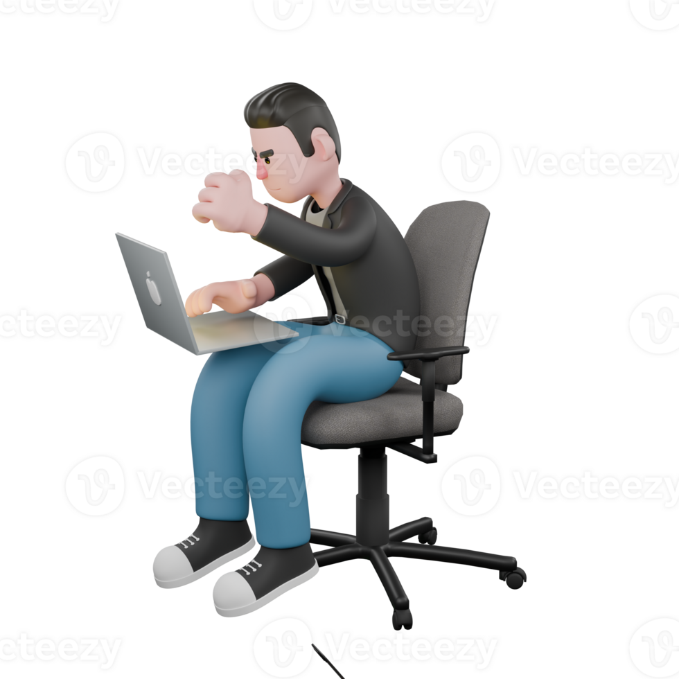 Professional Screenwriter Cartoon Design. A male screenwriter sits on a chair with his right hand holding a laptop on his lap, and his left hand is clenched, as if he is angry. Artistic Illustration png