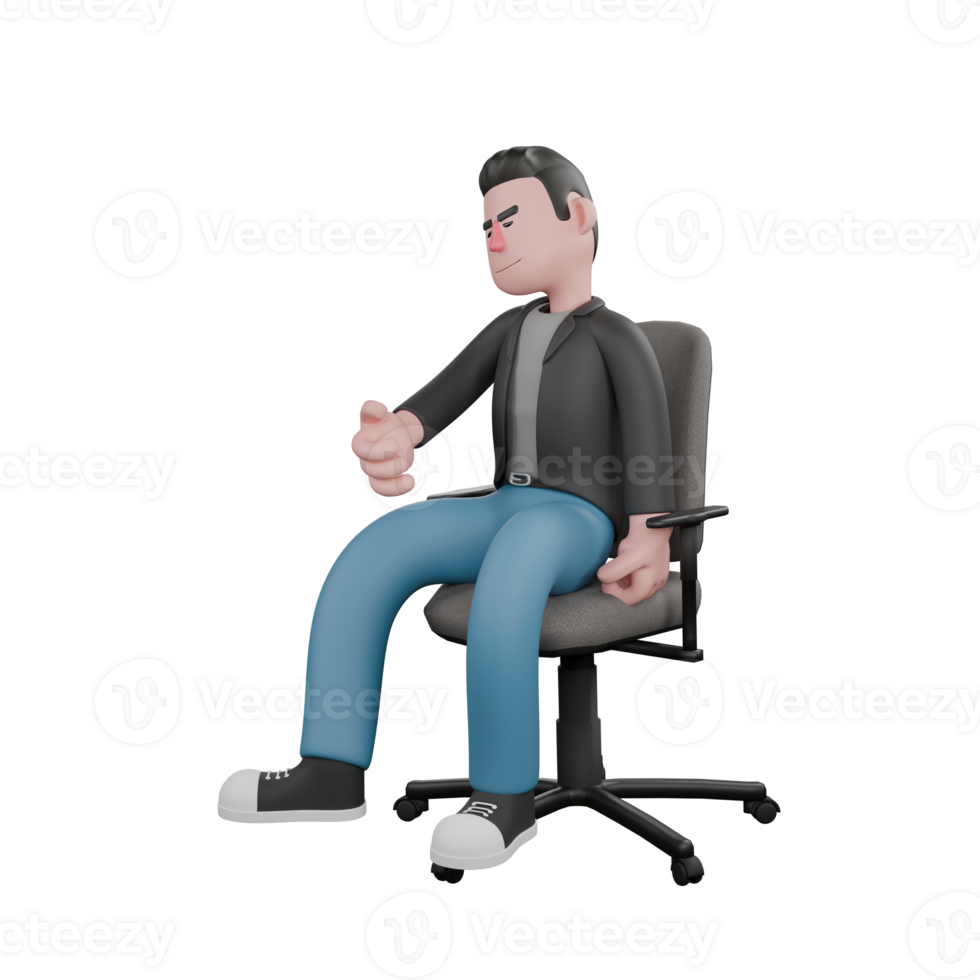 Professional Screenwriter Cartoon Design. A male screenwriter sits on a chair with his right hand stretched forward while his left hand is clenched at his side. 3D Artistic Model png