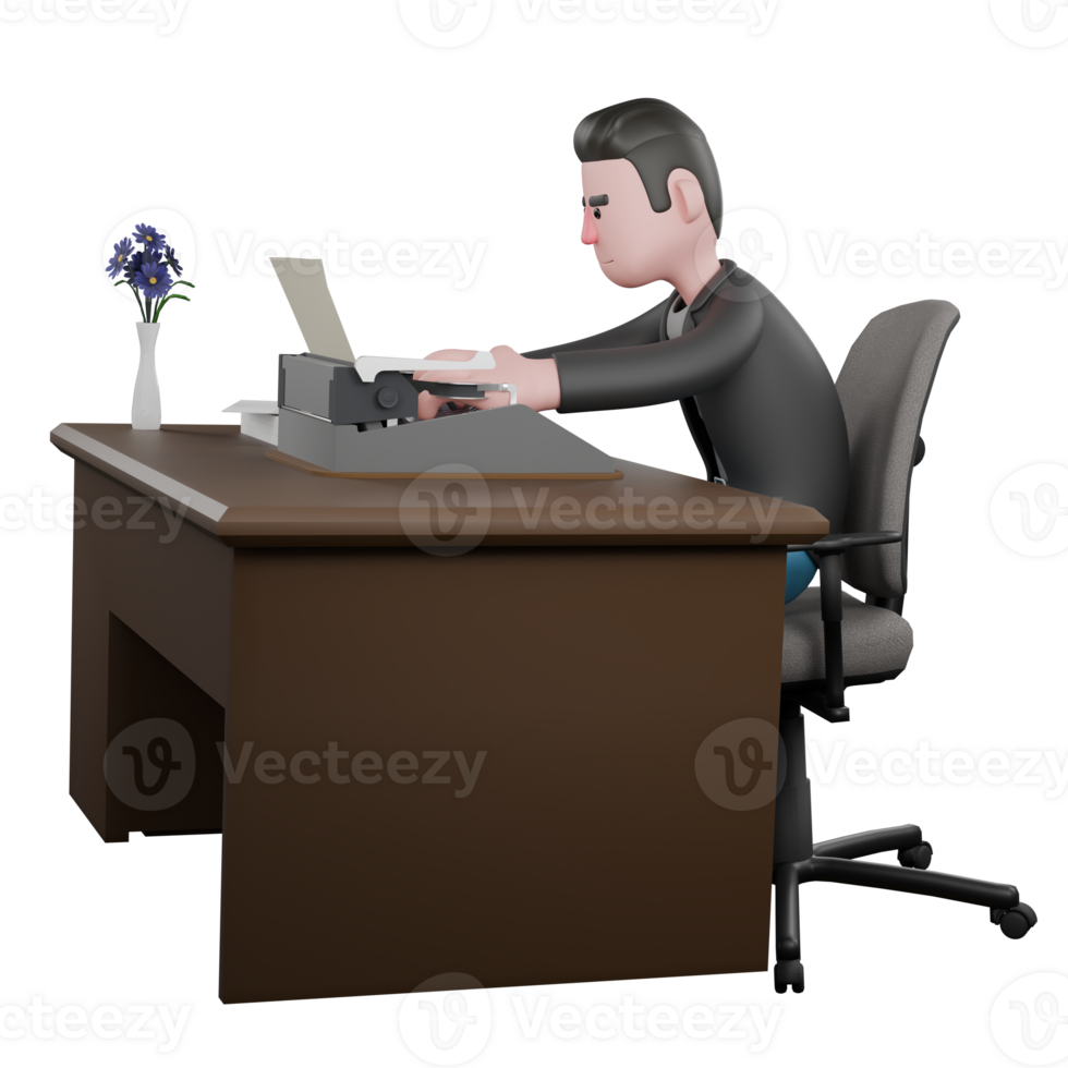 Creative 3D Model. A male screenwriter sits on a chair with a typewriter on the table while typing on the keyboard with both hands. Screenwriter Character png