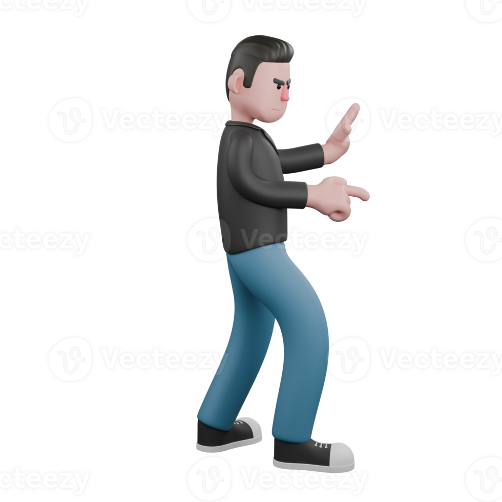 Cartoon-Style 3D Model. A male screenwriter walks with his right hand pointing forward, and his left palm is open, as if he wants to signal to stop. Cartoon Screenwriter Illustration Design png