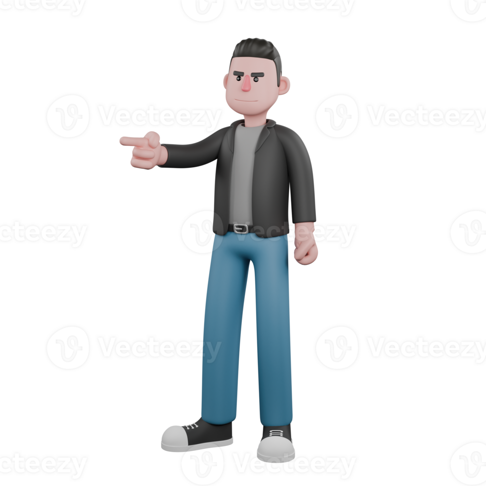 Creative 3D Model. A male screenwriter stands with his right hand pointing to the right side and clenching his left hand. 3D Artistic Model png