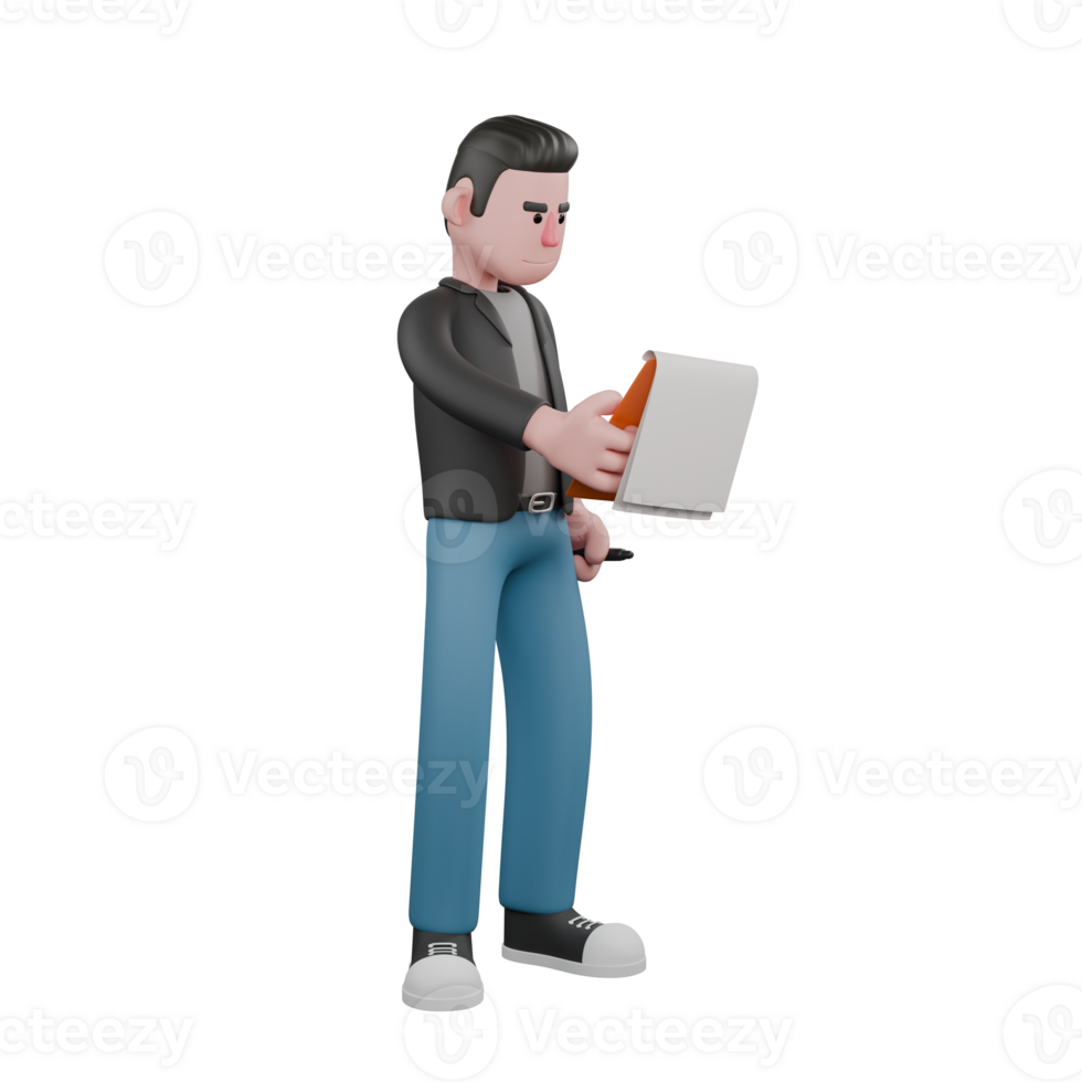 Professional Screenwriter Cartoon Design. A male screenwriter holds a pen in his left hand, and holds a clipboard in his right hand while looking at it. 3D Artistic Model png