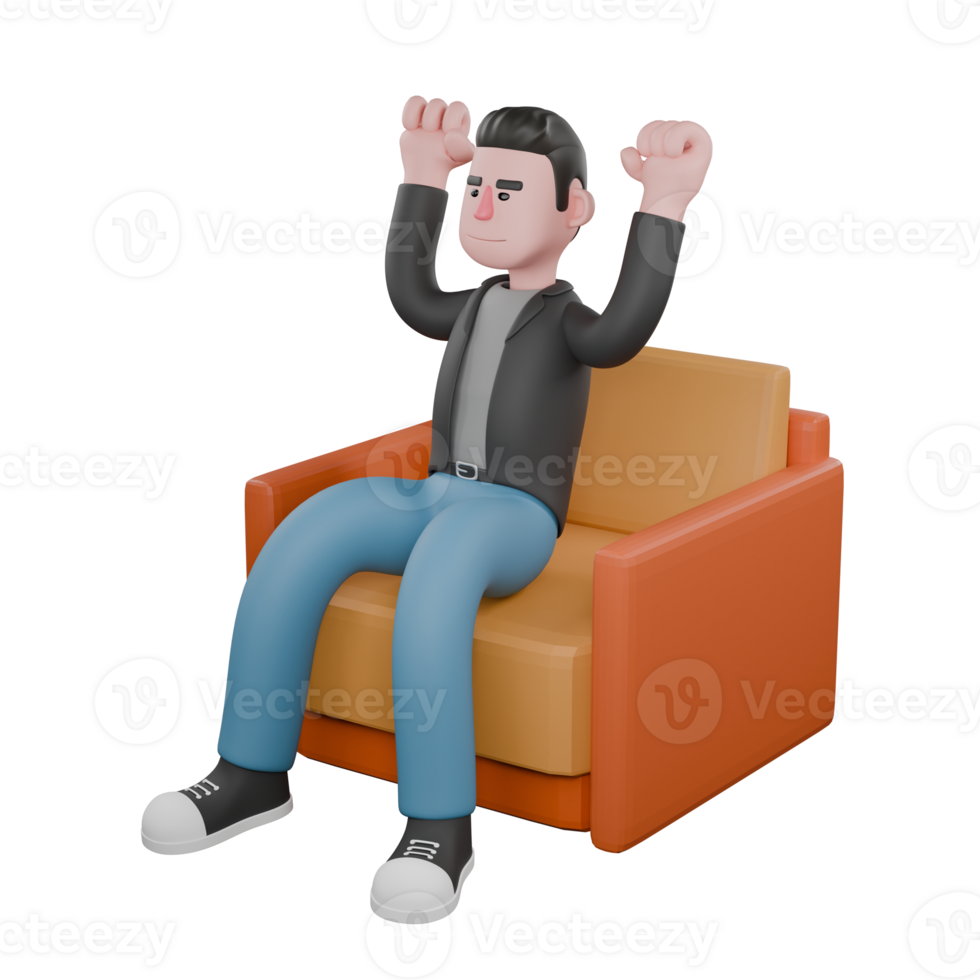 Professional Screenwriter Cartoon Design. A male screenwriter sits on a sofa with both fists in the air, serious expression. 3D Artistic Model png