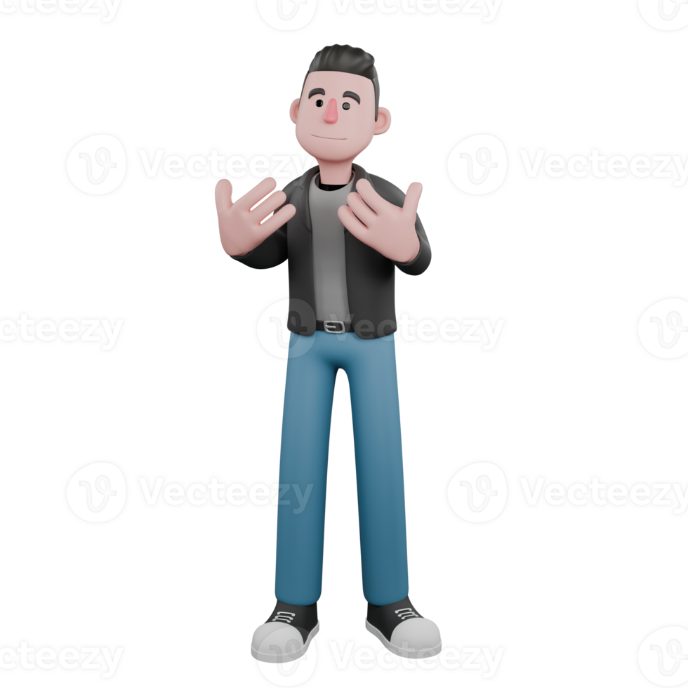 Cartoon-Style 3D Model.A male screenwriter with both hands open in front of his body, slightly smiling expression .Artistic Illustration png