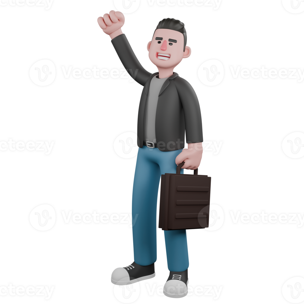Professional Screenwriter Cartoon Design. A male screenwriter stands facing right with his left hand carrying a briefcase and his right hand clenched upwards. 3D Artistic Model png
