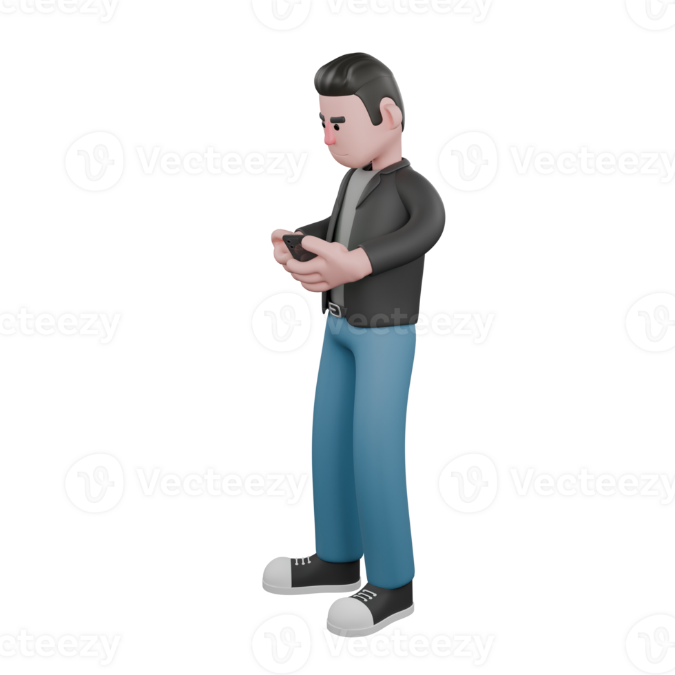 3D Screenwriter Character. A male screenwriter stands facing right with both hands holding a cell phone. Screenwriter Character png