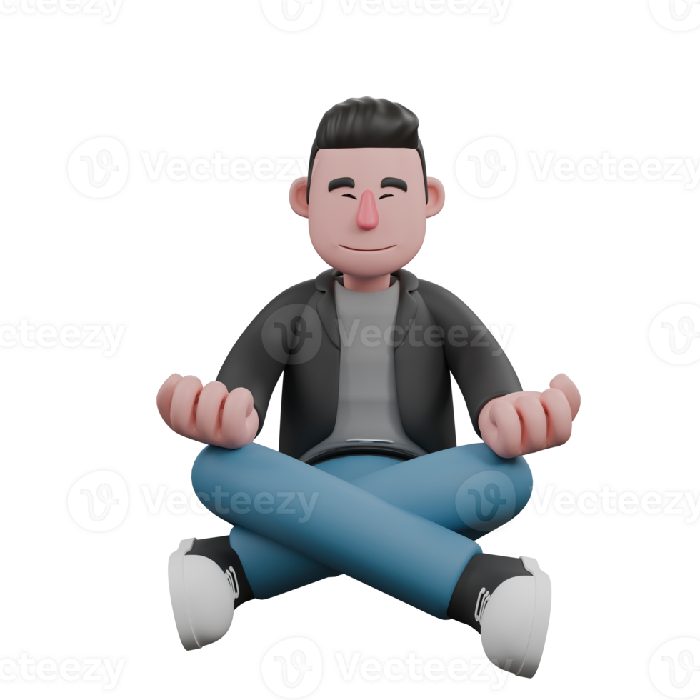 3D Screenwriter Character. A Male Screenwriter sits on the floor with his legs crossed, hands on his knees, eyes closed, meditative expression. Artistic Illustration png