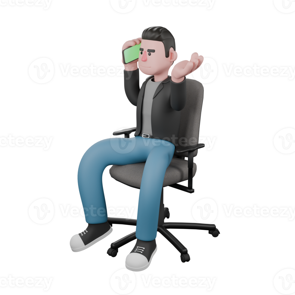 Cartoon-Style 3D Model. A male screenwriter sits on a chair answering a phone call held in his right hand, and his left hand is open, as if he does not know. 3D Artistic Model png
