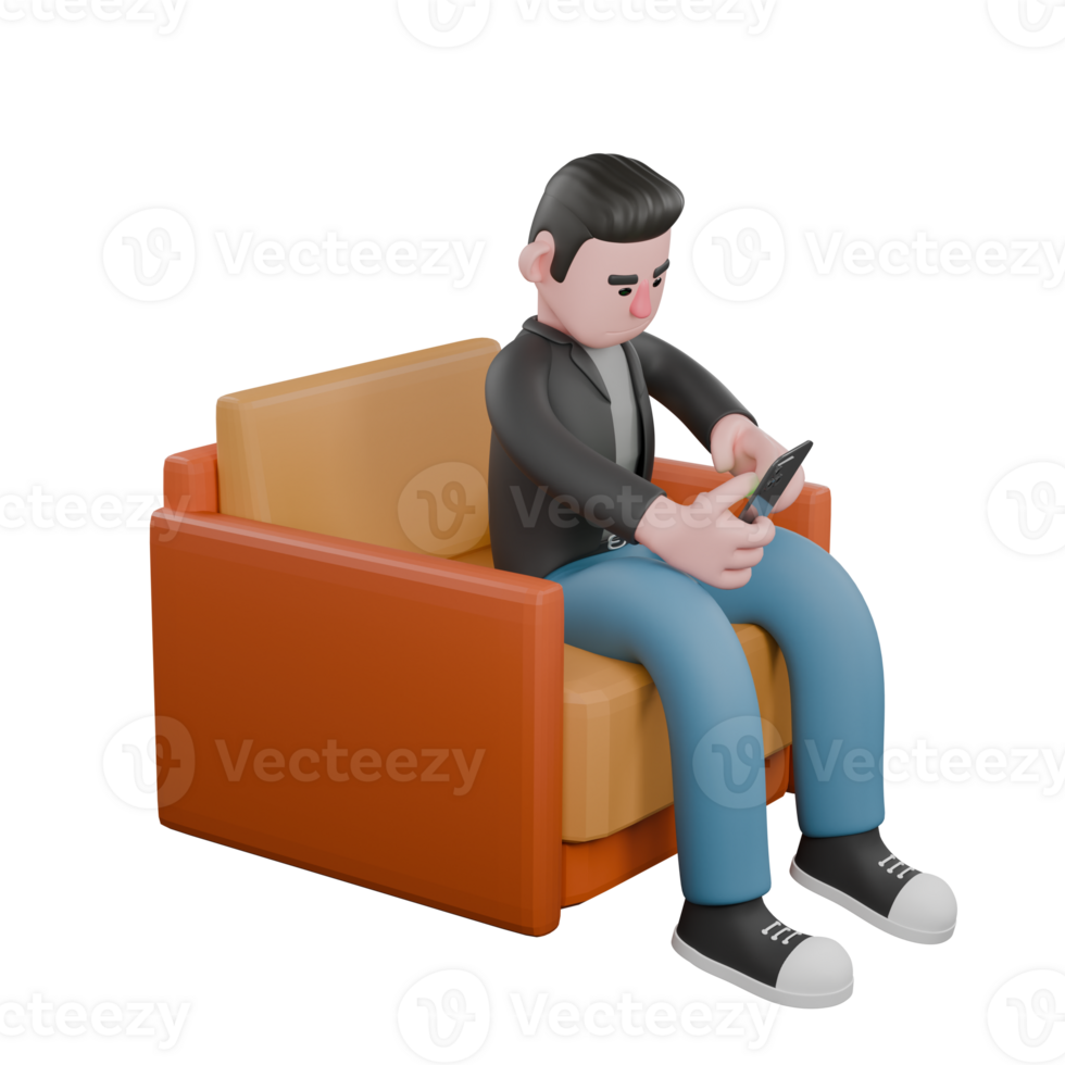 Creative 3D Model. A male screenwriter sits on a sofa with both hands playing with the cellphone he is holding, expression focused. Screenwriter Character png
