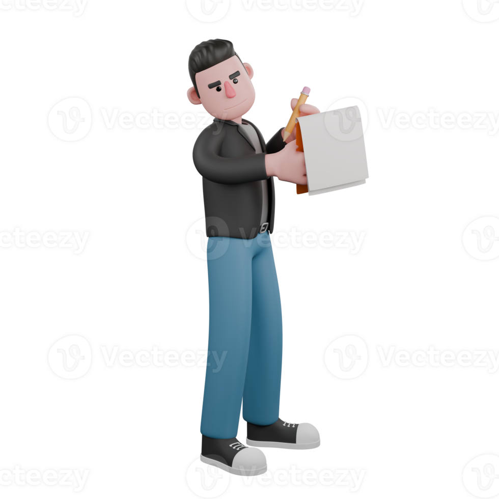 Cartoon-Style 3D Model. A male screenwriter stands holding a pencil and a clipboard in both hands. Artistic Illustration png