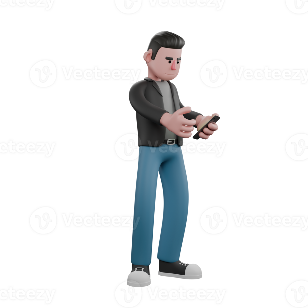 Cartoon-Style 3D Model. A male writer scenario standing holding a cellphone in his left hand, and his right hand is open, as if he doesn't know. Cartoon Screenwriter Illustration Design png