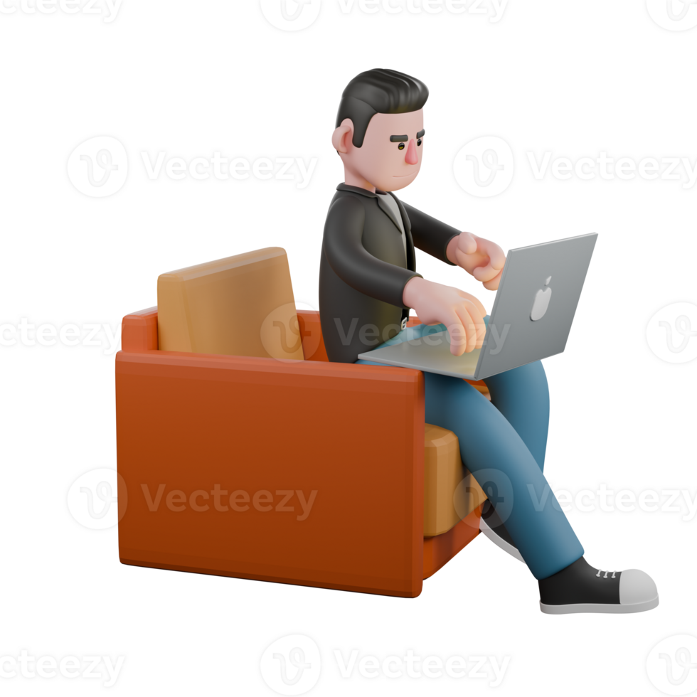 3D Screenwriter Character. A Male Screenwriter sits on a sofa with one hand typing on a laptop keyboard, focused expression. Artistic Illustration png
