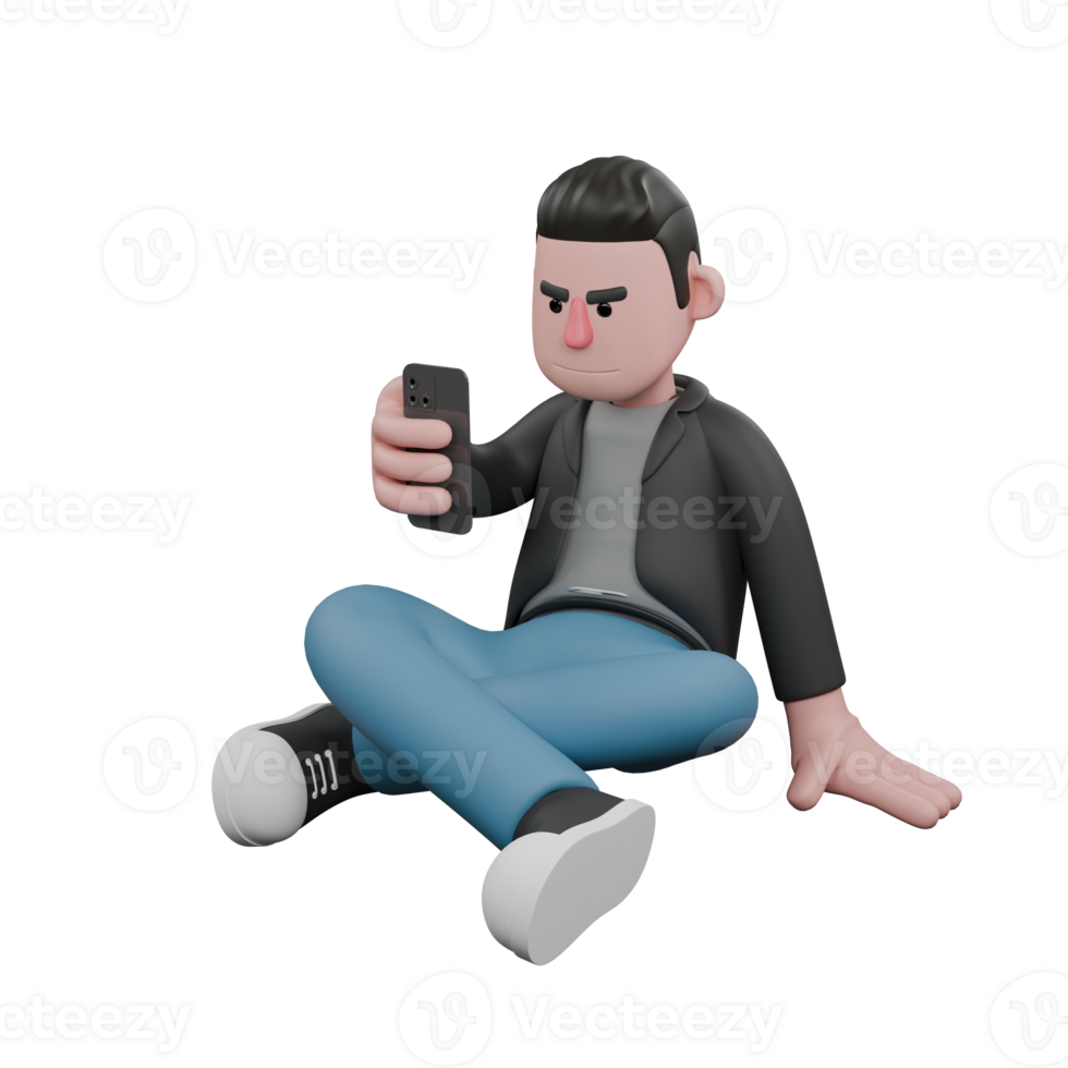 Professional Screenwriter Cartoon Design. A male screenwriter sits cross-legged playing with a cellphone held in his right hand. Artistic Illustration png