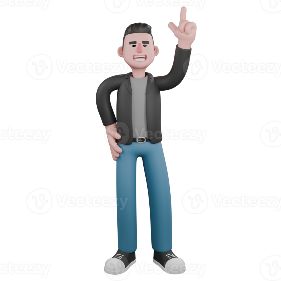 Cartoon-Style 3D Model. A male screenwriter stands with his right hand on his waist and his left hand pointing upwards, expression full of confidence. Cartoon Screenwriter Illustration Design png