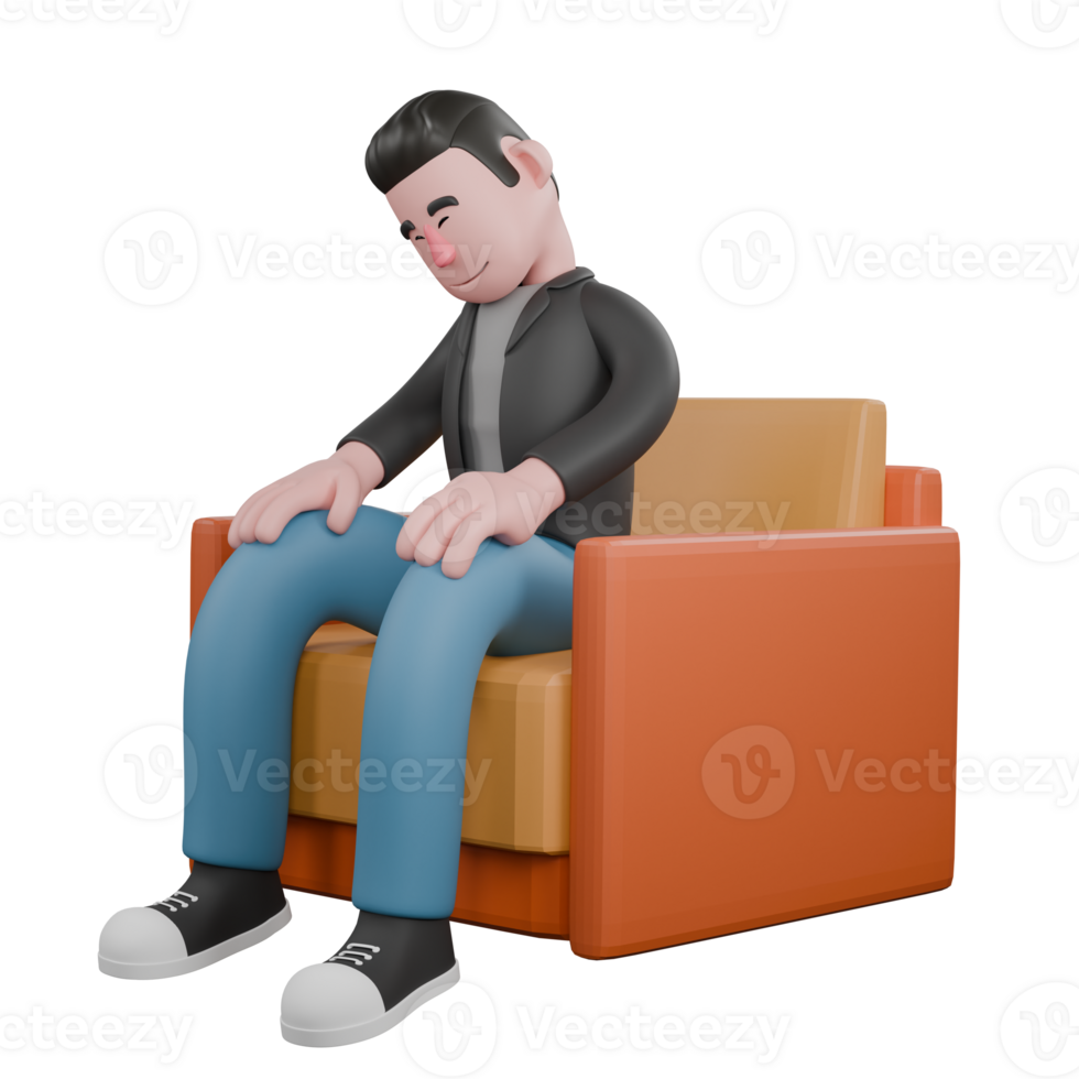 Creative 3D Model. A Male Screenwriter sits on the couch with both hands on his knees, eyes closed.Screenwriter Character png