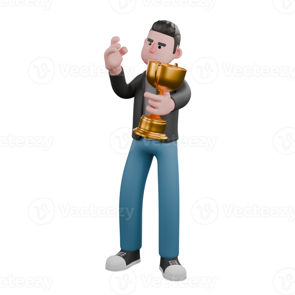 3D Screenwriter Character. A male screenwriter stands holding a trophy in his left hand, and his right hand seems to be giving a code to take a picture. 3D Artistic Model png