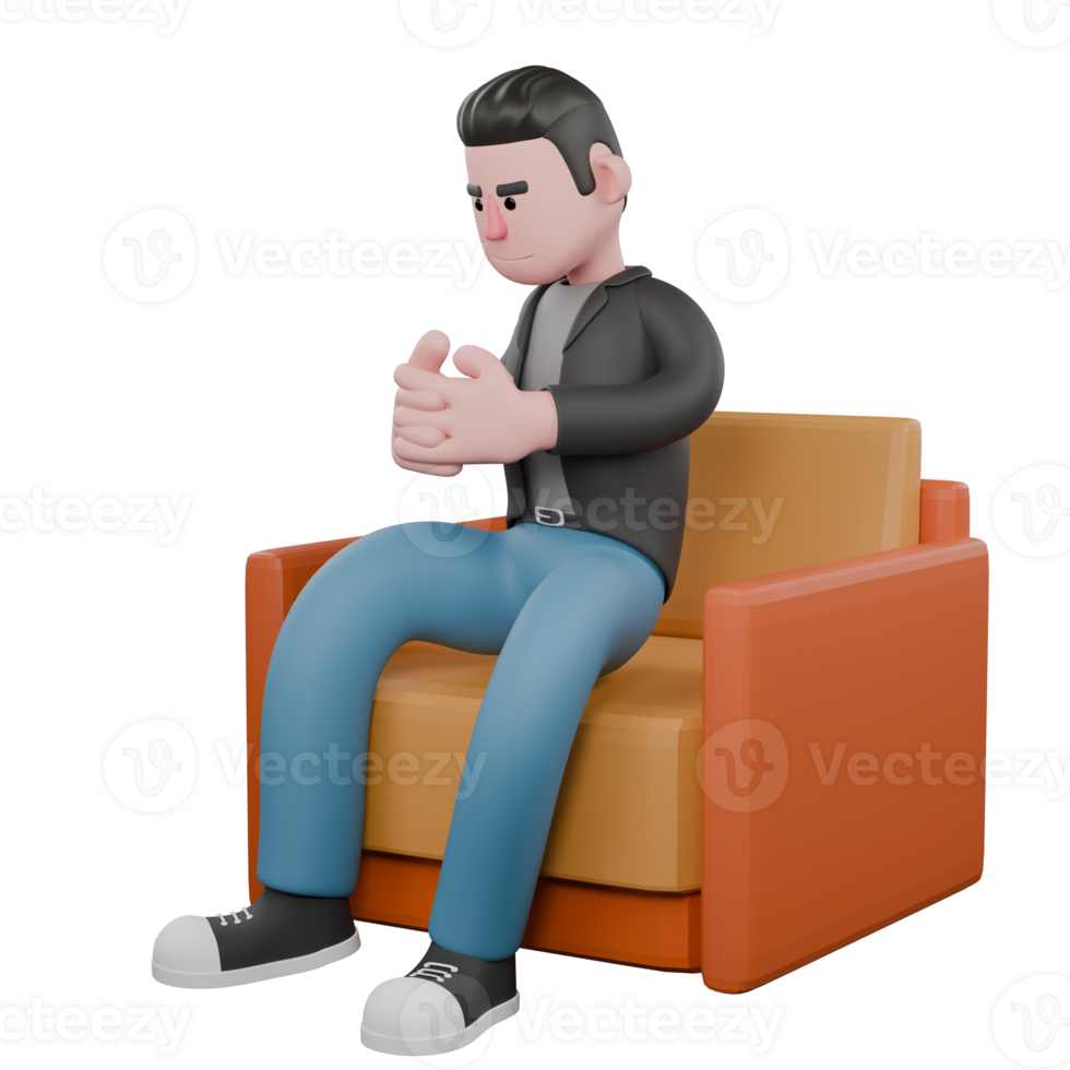 Professional Screenwriter Cartoon Design. A male screenwriter sits on a sofa with his hands clasped together, as if he is nervous. Cartoon Screenwriter Illustration Design png