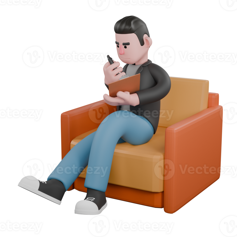 Professional Screenwriter Cartoon Design. A male screenwriter sits on a sofa looking at a pen held in his right hand, and his left hand holds a clipboard. 3D Model png