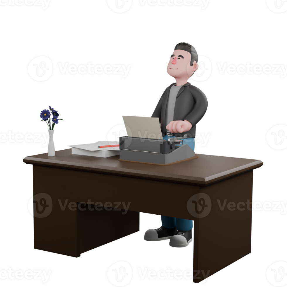Creative 3D Model . A Male Screenwriter stands behind his desk with his eyes closed, peaceful expression.Screenwriter Character png