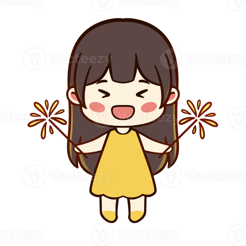 Hand drawn illustration of a cute little girl playing with fireworks with a happy expression suitable for a New Year Eve theme png