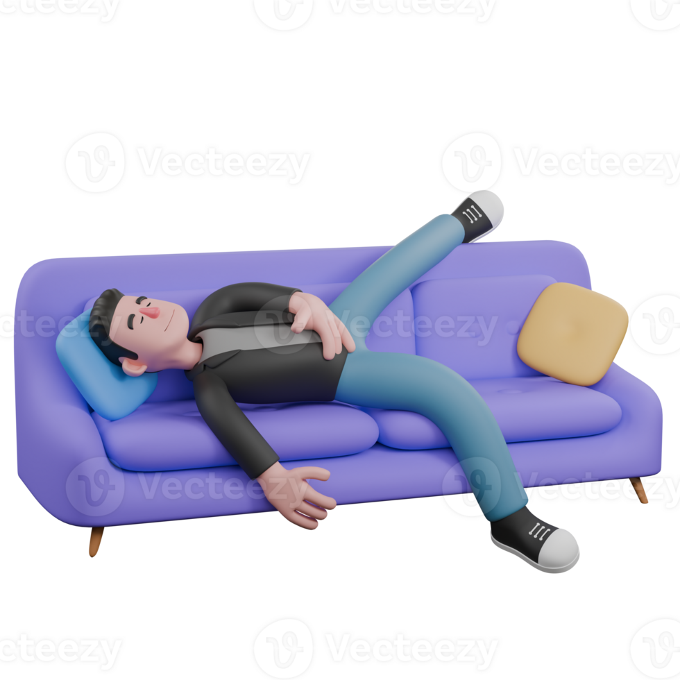 Creative 3D Model. A Male Screenwriter is lying on a sofa with his right arm hanging down to the floor, eyes closed, tired expression. Screenwriter Character png