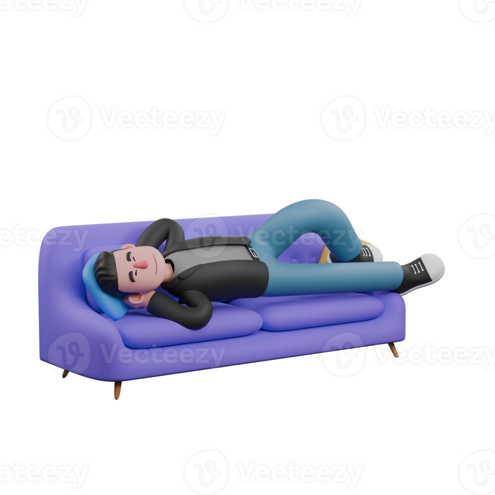 3D Screenwriter Character. A Male Screenwriter lies on a sofa with a pillow behind his head, eyes closed, peaceful expression. Artistic Illustration png