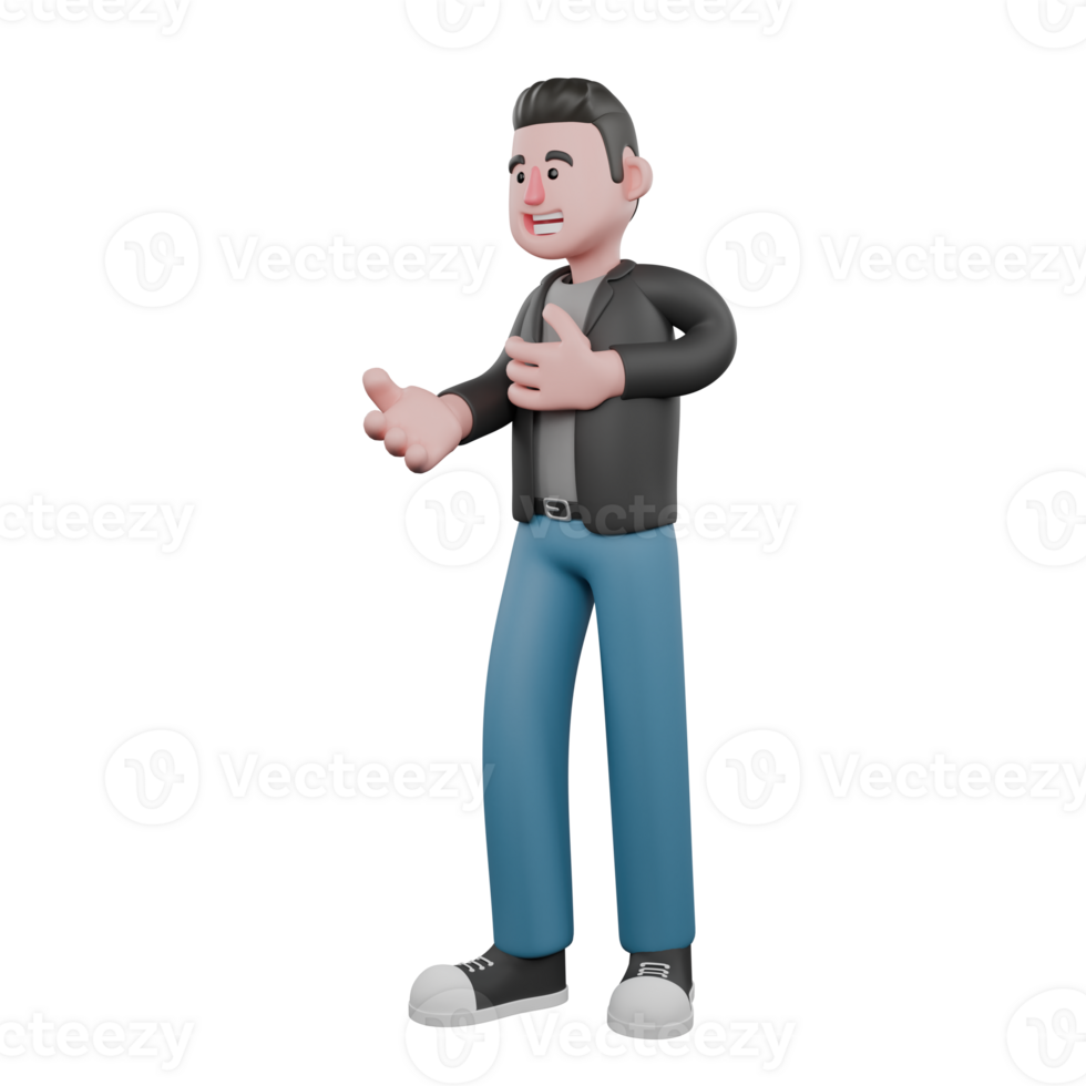 3D Screenwriter Cartoon Design. A male screenwriter stands with one hand on his chest while the other hand is stretched forward. Creative 3D Model png