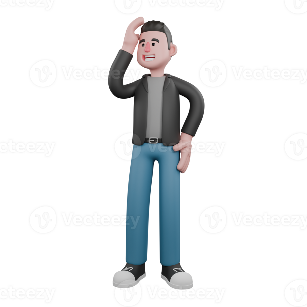 Screenwriter 3D Cartoon Model Design. A male screenwriter stands with one hand on his head while the other is on his waist. Creative 3D Model png