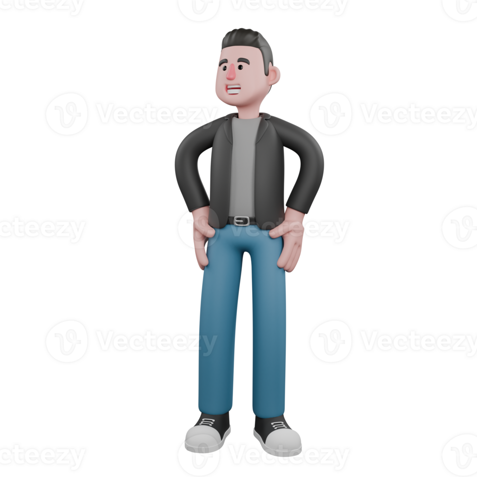 3D Screenwriter Character. A male screenwriter stands with both hands on his waist, head slightly tilted to the side, eyes looking away with a bright expression. Creative 3D Model png