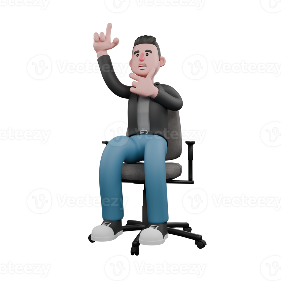 3D Screenwriter Cartoon Design. A male screenwriter sits on a chair with one hand on his chin and the other hand pointing upward with a small smile expression. 3D Artistic Model png