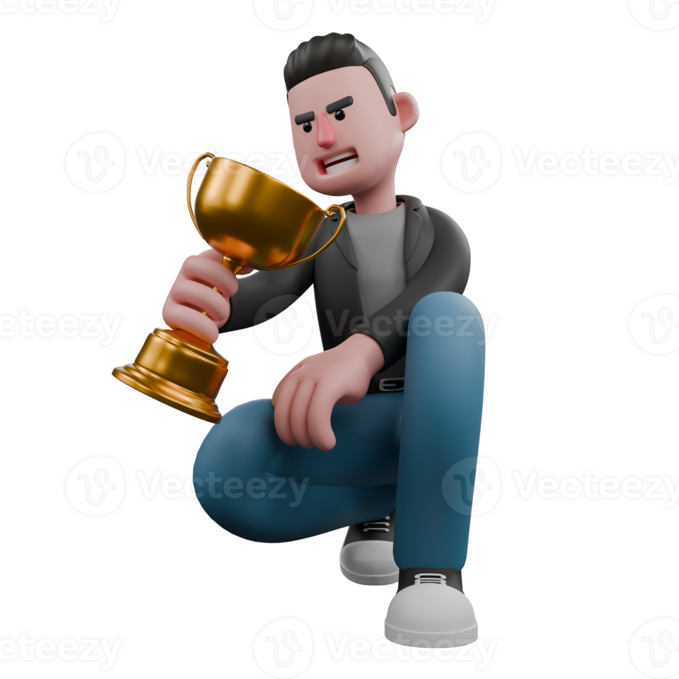 Screenwriter 3D Cartoon Model Design. A male screenwriter is squatting with one leg bent while holding a cup in his right hand. Creative 3D Model png
