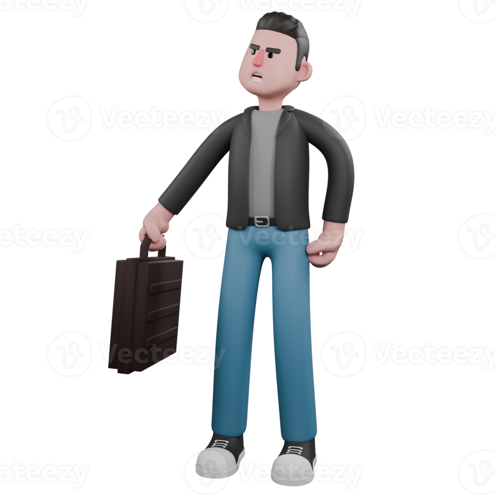 Professional Screenwriter Cartoon Design. A male screenwriter stands with a bag in his right hand, and his left hand is on his waist. 3D Design png
