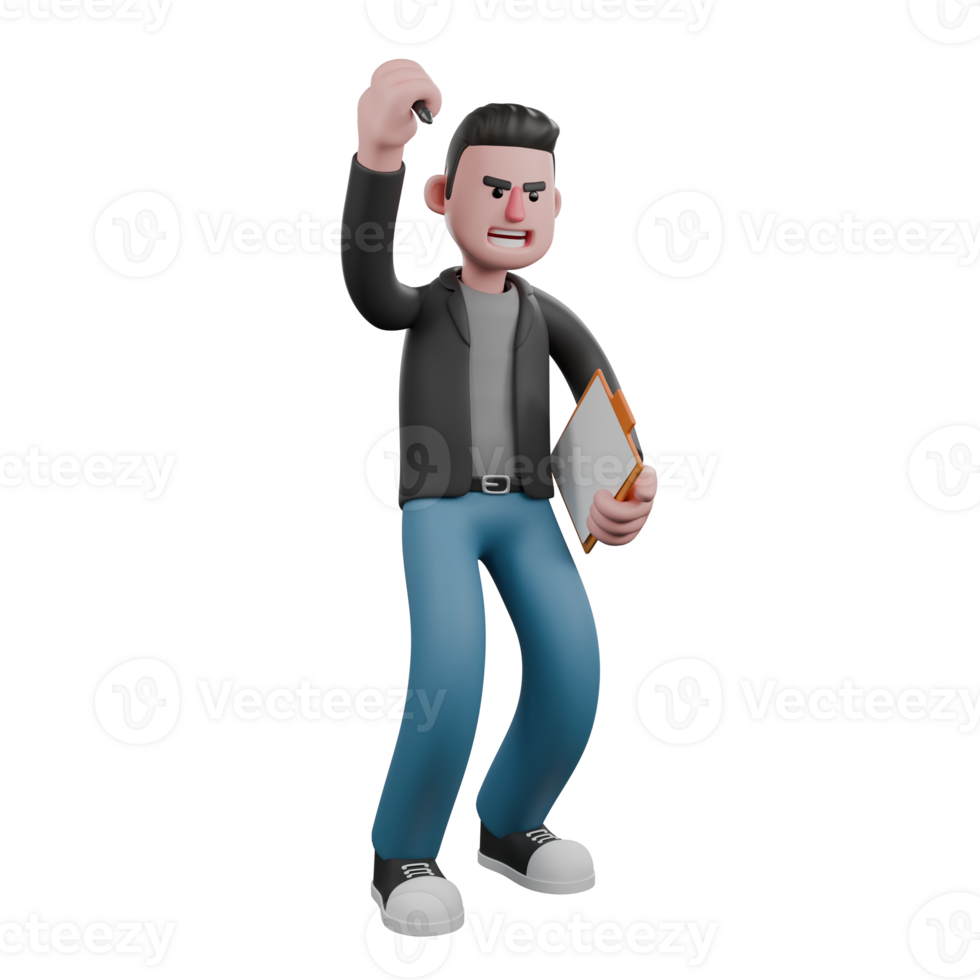 Screenwriter 3D Cartoon Model Design. A male screenwriter stands with his right hand raised while holding a pen and, his left hand holding a clipboard, an angry expression. 3D Design png