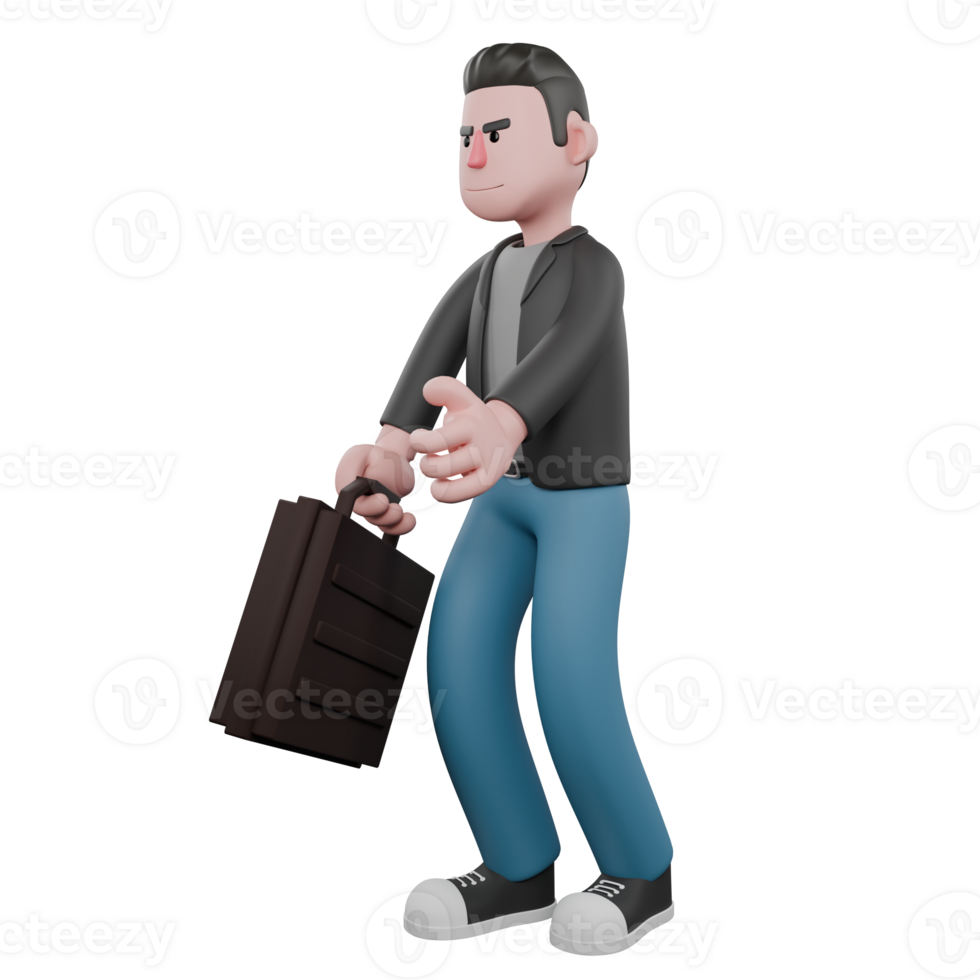 Professional Screenwriter Cartoon Design. A male screenwriter stands holding a briefcase in his right hand, and his left hand is extended, as if to shake hands. 3D Design png